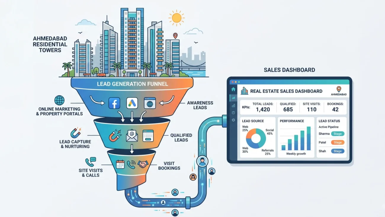 minimalist illustration of a real estate lead generation funnel connecting Ahmedabad residential towers to a sales dashboard