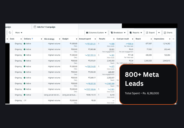 Meta Ads dashboard showing 800+ real estate leads generated by Swadeshi Sync