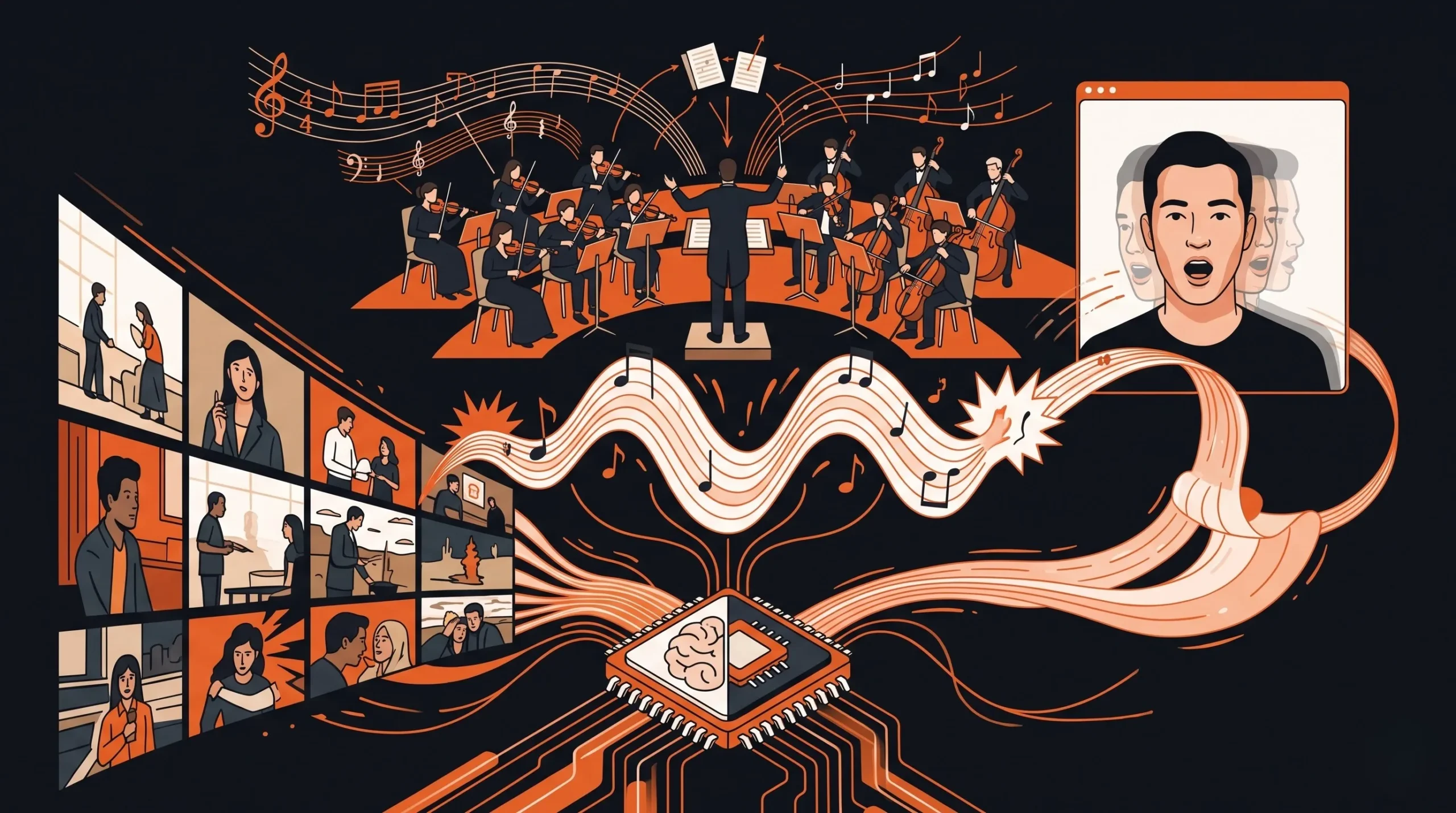 Collage of singing waveform, orchestra and talking head avatar representing real-time creative AI