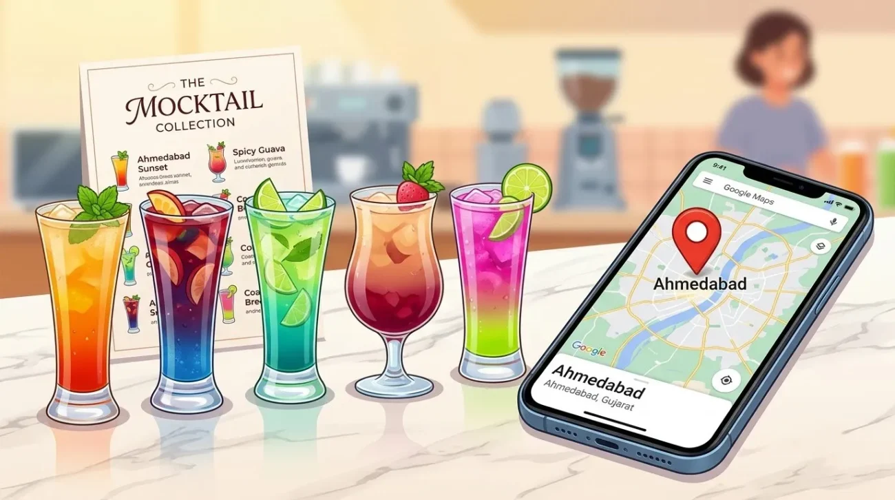 Illustration of colorful mocktails, a menu card and a phone showing a Google Maps pin over Ahmedabad
Mocktail Stend grew from zero to a top-ranked local result with a menu identity Ahmedabad talks about.