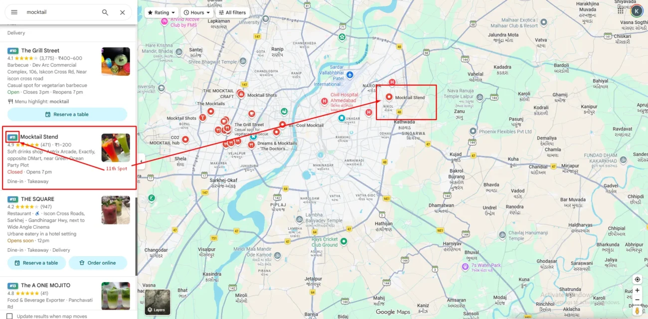 Google Maps screenshot searching for 'mocktail' in Ahmedabad. Mocktail Stend appears as the 11th result (highlighted in red) with a 4.9 rating and 471 reviews. A red arrow points from the listing to the business's map location in the Nikol area.