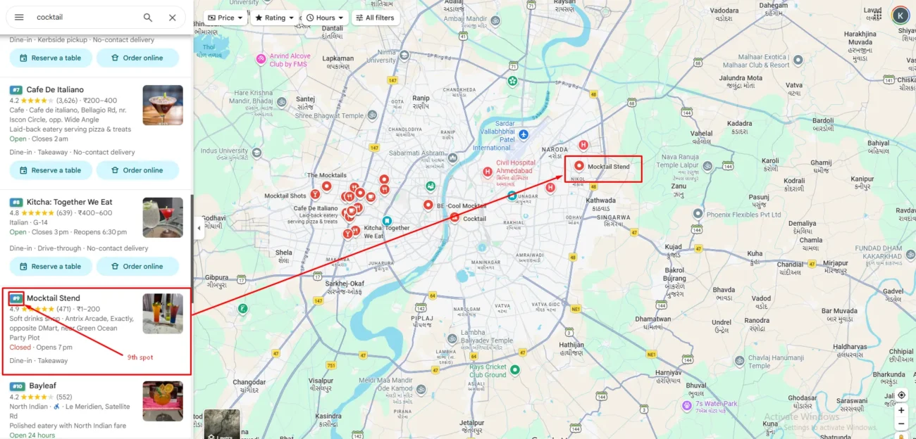 Google Maps screenshot searching for 'cocktail' in Ahmedabad. The search results panel lists Mocktail Stend as the 9th result (highlighted in red) with a 4.9 rating and 471 reviews. A red arrow connects the listing to its location pin on the map, near Nikol in northeast Ahmedabad.