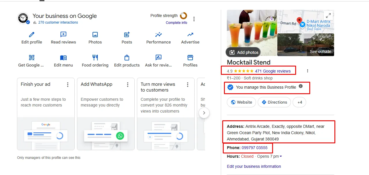 Google Business Profile dashboard for Mocktail Stend showing key business details: 4.9-star rating with 471 Google reviews, price range ₹1–200, category 'Soft drinks shop,' and 'You manage this Business Profile' status. The address is listed as Antrix Arcade, opposite DMart, near Green Ocean Party Plot, New India Colony, Nikol, Ahmedabad, Gujarat 380049, with phone number 099797 03555. Red boxes highlight the rating, ownership badge, address, and phone number