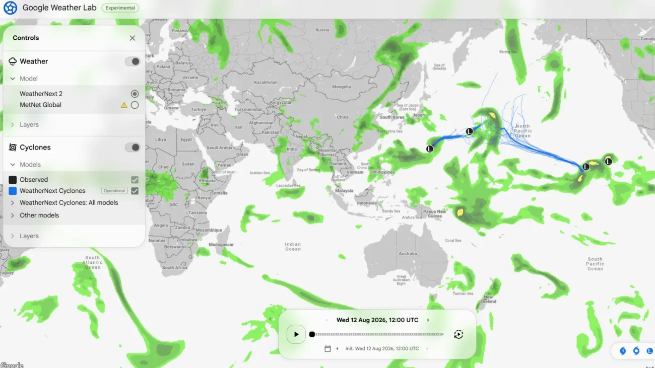 screenshot showing google weather next showing cyclone warnings aroudn the earth
