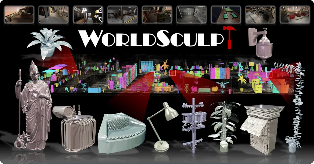 WorldSculpt teaser: a cluttered scene reconstructed into hundreds of individual object meshes
